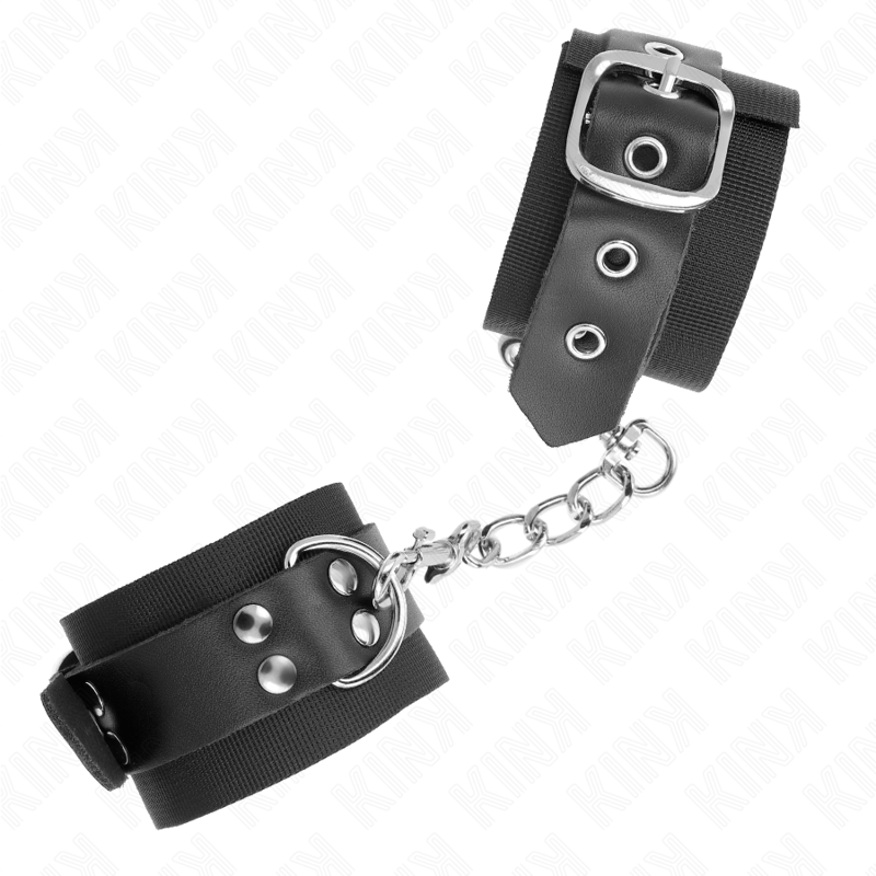 KINK - NYLON WRIST RESTRAINTS BLACK WITH LEATHER BELT BLACK ADJUSTABLE 19-29 CM X 5.1 CM - NOCTURNA DESIRES
