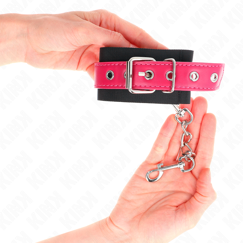 KINK - NYLON WRIST RESTRAINTS BLACK WITH LEATHERETTE BELT RASPBERRY ROSE ADJUSTABLE 19-29 CM X 5.1 CM - NOCTURNA DESIRES