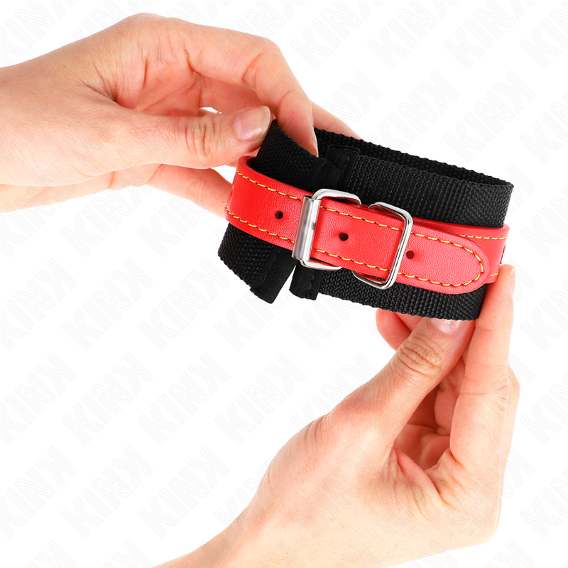 KINK - NYLON WRIST RESTRAINTS BLACK WITH LEATHERETTE RED ADJUSTABLE 19-24 CM X 5.5 CM - NOCTURNA DESIRES