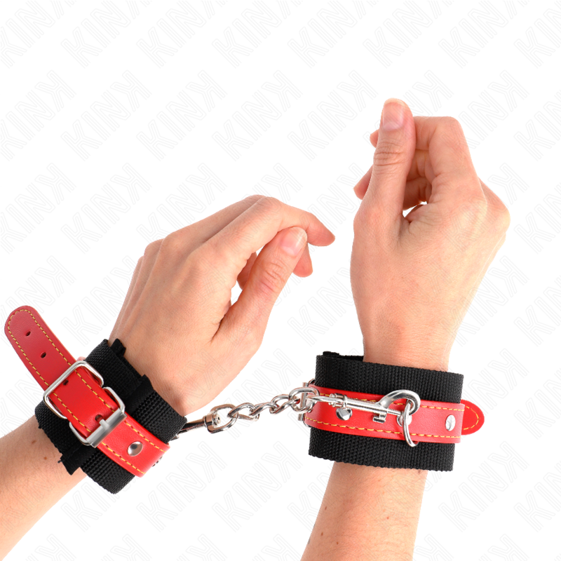 KINK - NYLON WRIST RESTRAINTS BLACK WITH LEATHERETTE RED ADJUSTABLE 19-24 CM X 5.5 CM - NOCTURNA DESIRES