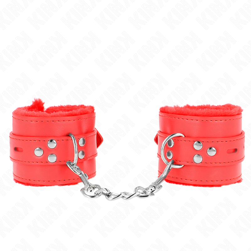 KINK - FUR LINED WRIST RESTRAINTS WITH SQUARE HOLES RED AND RED BELT ADJUSTABLE 17-29 CM X 6 CM - NOCTURNA DESIRES