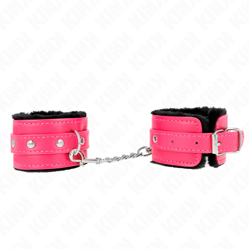 KINK - PREMIUM FUR LINED WRIST RESTRAINTS BLACK WITH RASPBERRY ROSE BELT ADJUSTABLE 17-29 CM X 6 CM - NOCTURNA DESIRES