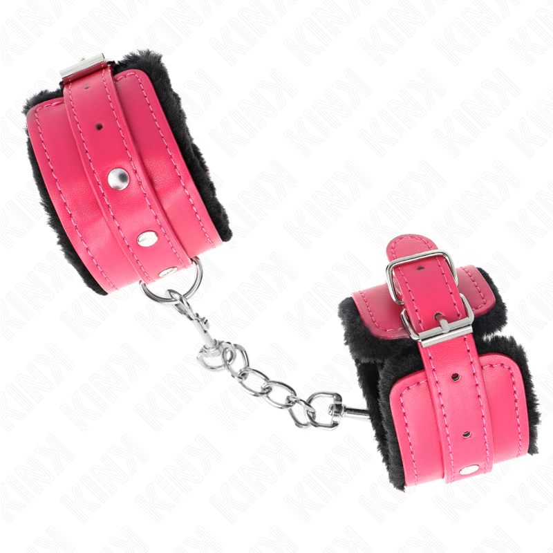 KINK - PREMIUM FUR LINED WRIST RESTRAINTS BLACK WITH RASPBERRY ROSE BELT ADJUSTABLE 17-29 CM X 6 CM - NOCTURNA DESIRES