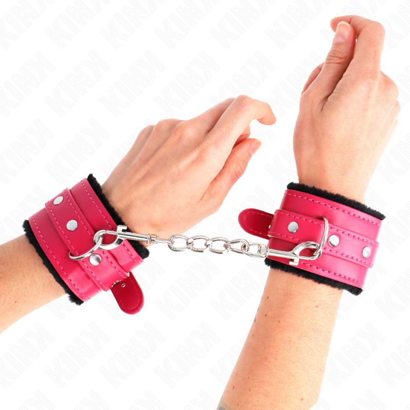 KINK - PREMIUM FUR LINED WRIST RESTRAINTS BLACK WITH RASPBERRY ROSE BELT ADJUSTABLE 17-29 CM X 6 CM - NOCTURNA DESIRES