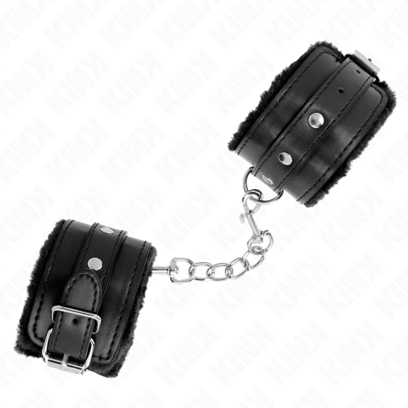 KINK - PREMIUM FUR LINED WRIST RESTRAINTS BLACK WITH BLACK BELT ADJUSTABLE 17-29 CM X 6 CM - NOCTURNA DESIRES