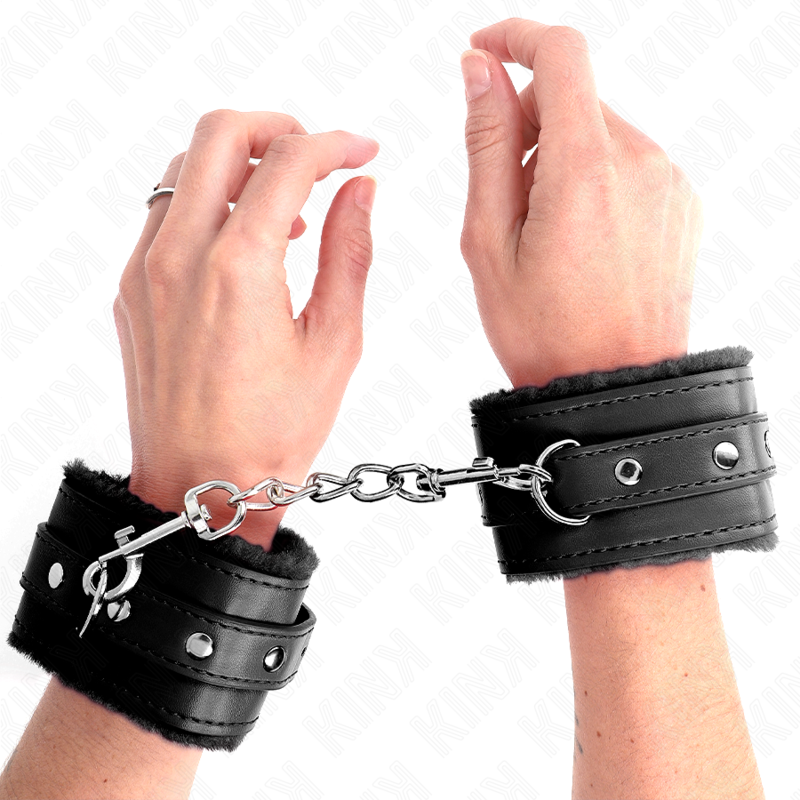 KINK - PREMIUM FUR LINED WRIST RESTRAINTS BLACK WITH BLACK BELT ADJUSTABLE 17-29 CM X 6 CM - NOCTURNA DESIRES