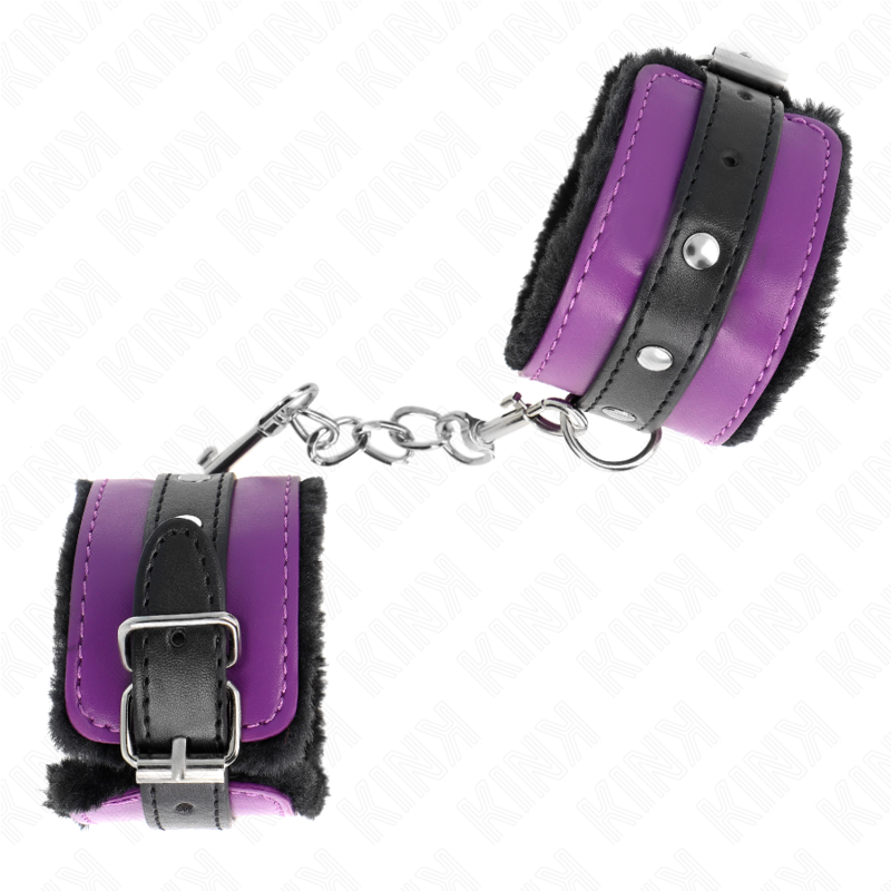 KINK - PREMIUM FUR LINED WRIST RESTRAINTS BLACK WITH PURPLE / BLACK BELT ADJUSTABLE 17-29 CM X 6 CM - NOCTURNA DESIRES