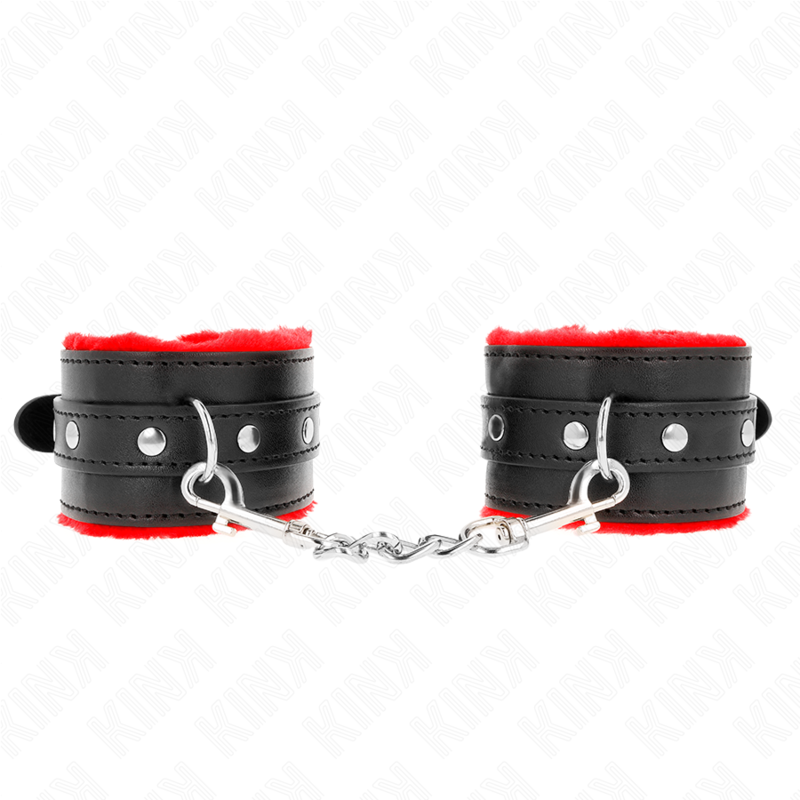 KINK - PREMIUM FUR LINED WRIST RESTRAINTS RED WITH BLACK BELT ADJUSTABLE 17-29 CM X 6 CM - NOCTURNA DESIRES