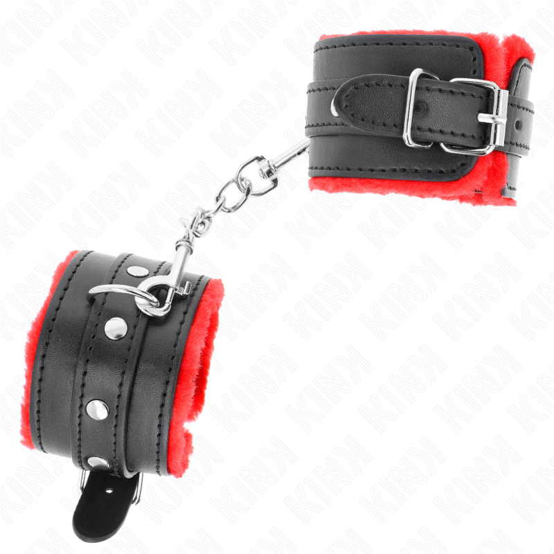 KINK - PREMIUM FUR LINED WRIST RESTRAINTS RED WITH BLACK BELT ADJUSTABLE 17-29 CM X 6 CM - NOCTURNA DESIRES