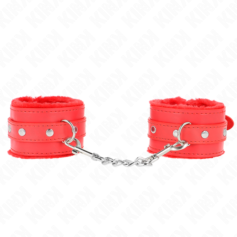 KINK - PREMIUM FUR LINED WRIST RESTRAINTS RED WITH RED BELT ADJUSTABLE 17-29 CM X 6 CM - NOCTURNA DESIRES