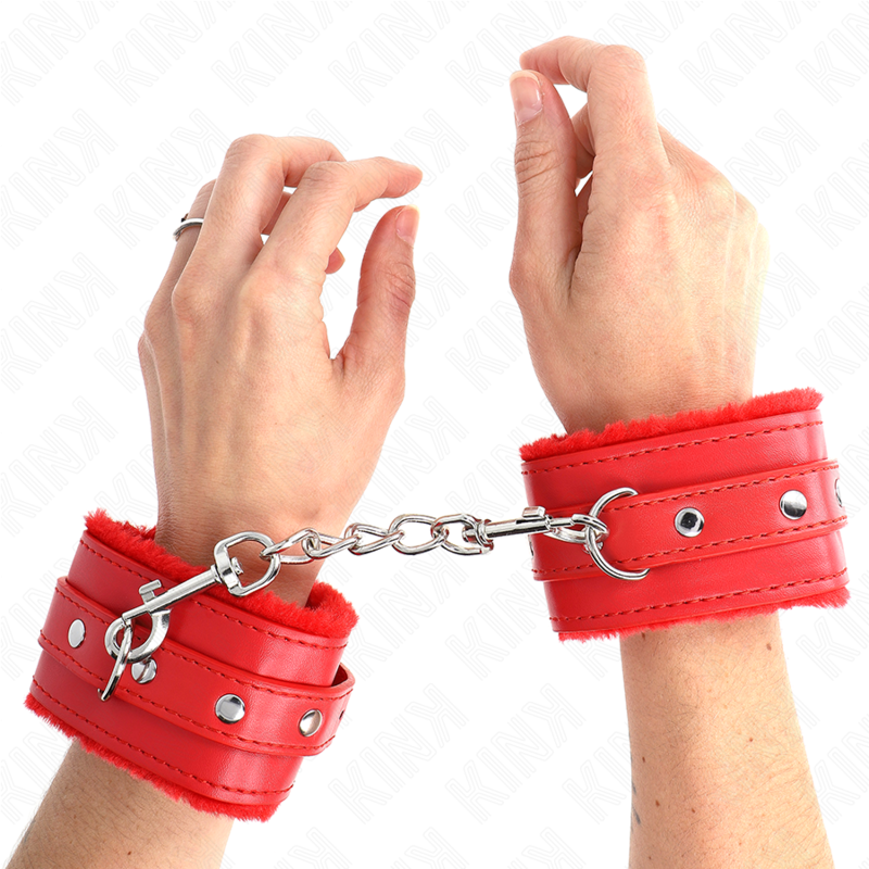 KINK - PREMIUM FUR LINED WRIST RESTRAINTS RED WITH RED BELT ADJUSTABLE 17-29 CM X 6 CM - NOCTURNA DESIRES