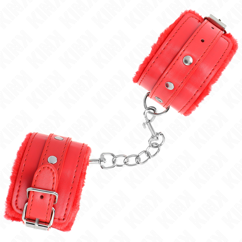 KINK - PREMIUM FUR LINED WRIST RESTRAINTS RED WITH RED BELT ADJUSTABLE 17-29 CM X 6 CM - NOCTURNA DESIRES