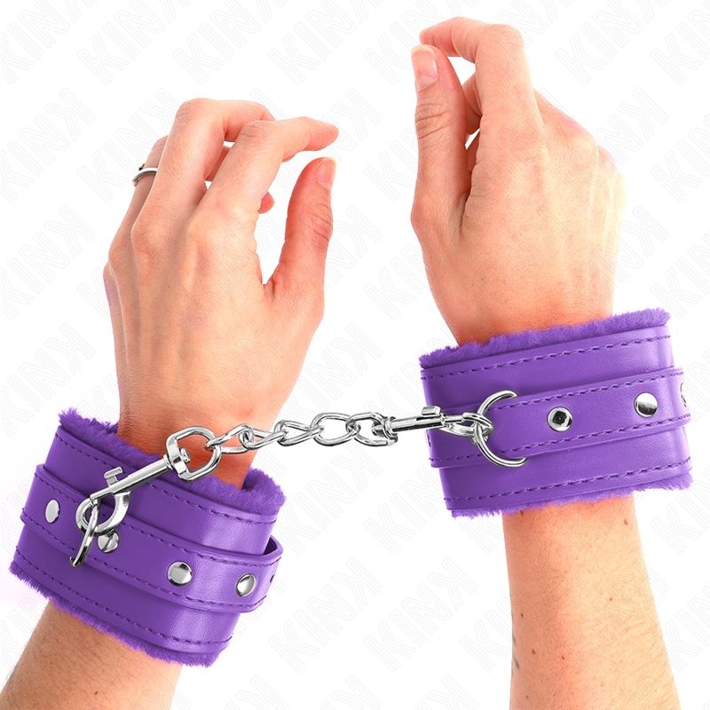 KINK - PREMIUM FUR LINED WRIST RESTRAINTS PURPLE WITH PURPLE BELT ADJUSTABLE 17-29 CM X 6 CM - NOCTURNA DESIRES