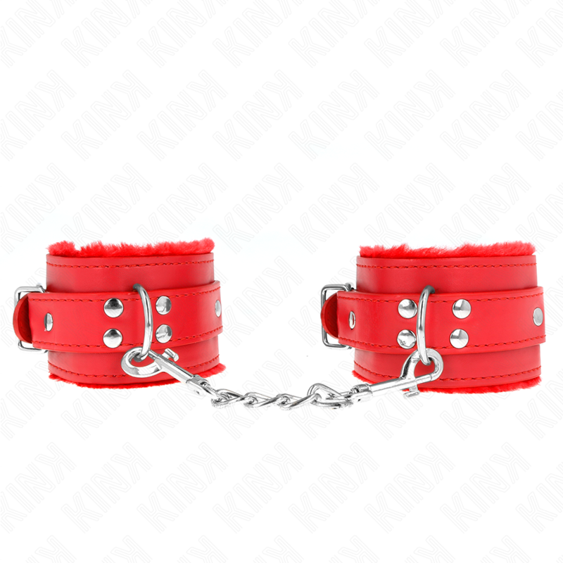 KINK - FUR LINED WRIST RESTRAINTS RED WITH RED BELT ADJUSTABLE 17-29 CM X 6 CM - NOCTURNA DESIRES