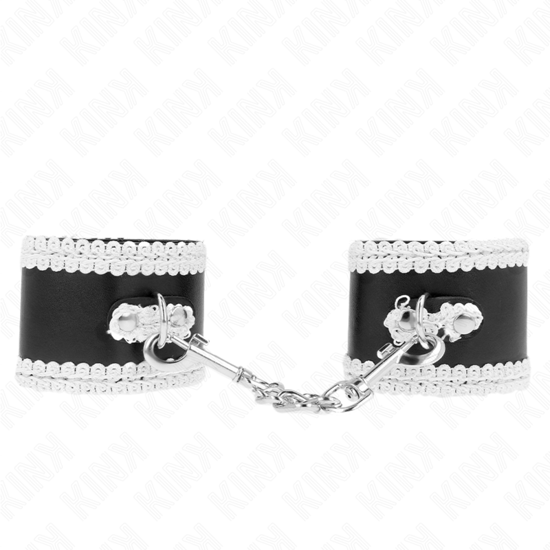 KINK - BLACK WRIST RESTRAINTS WITH WHITE DECORATE LACE ADJSUTABLE 20-23 CM X 5.5 CM - NOCTURNA DESIRES