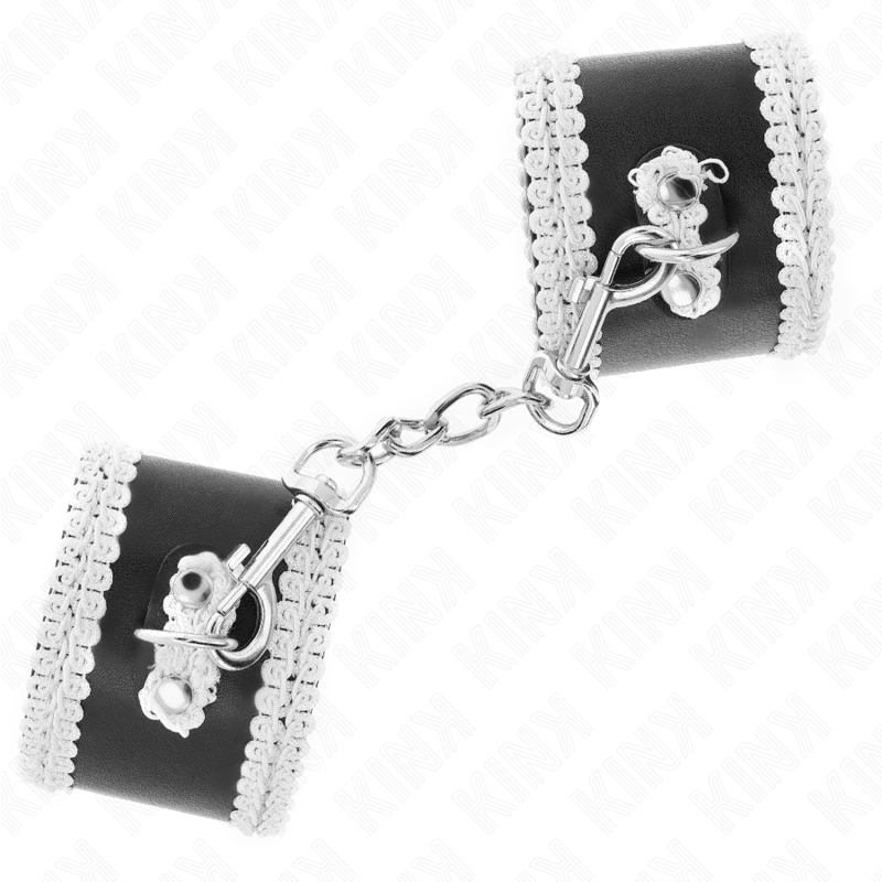 KINK - BLACK WRIST RESTRAINTS WITH WHITE DECORATE LACE ADJSUTABLE 20-23 CM X 5.5 CM - NOCTURNA DESIRES