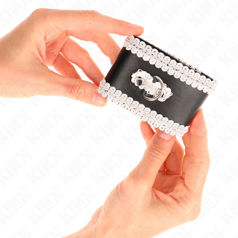 KINK - BLACK WRIST RESTRAINTS WITH WHITE DECORATE LACE ADJSUTABLE 20-23 CM X 5.5 CM - NOCTURNA DESIRES
