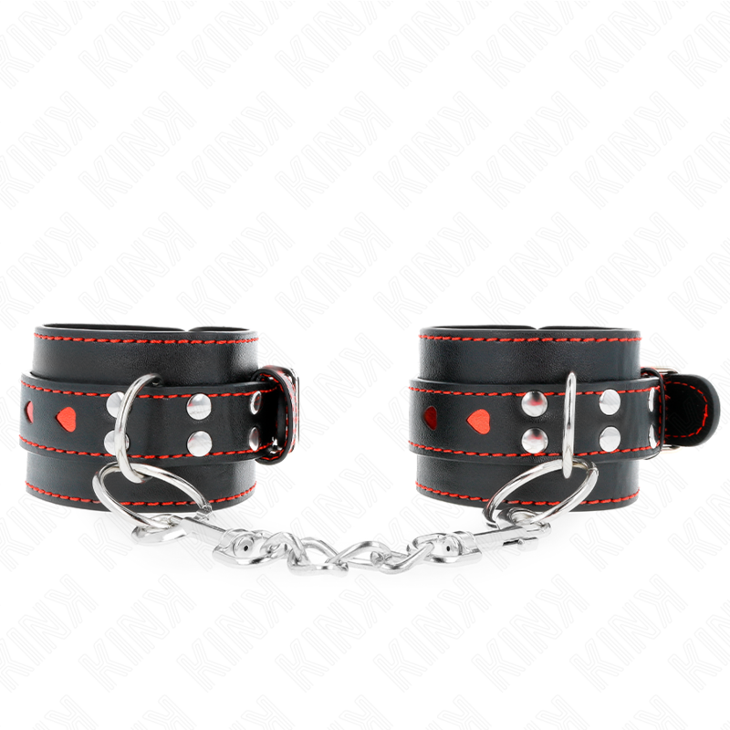 KINK - BLACK WRIST RESTRAINTS WITH RED HEART INLAY ADJUSTABLE 21-28 CM X 5.5 CM - NOCTURNA DESIRES