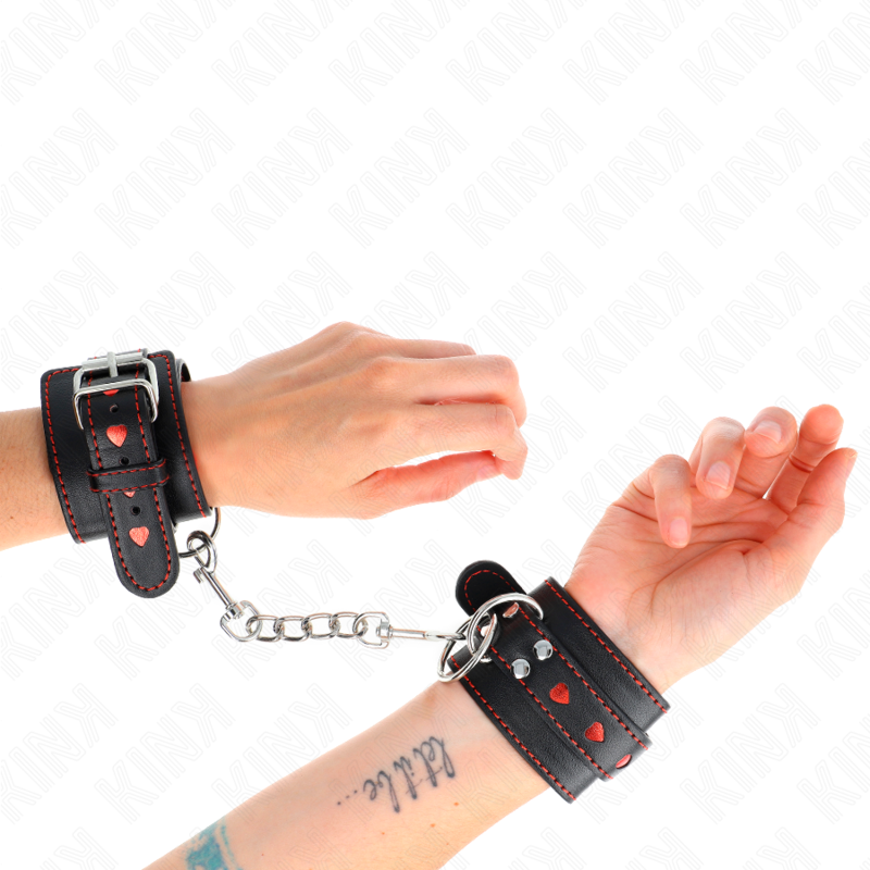 KINK - BLACK WRIST RESTRAINTS WITH RED HEART INLAY ADJUSTABLE 21-28 CM X 5.5 CM - NOCTURNA DESIRES