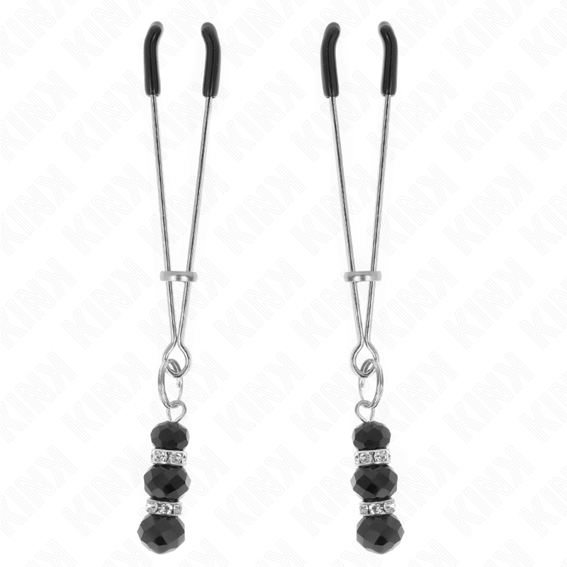 KINK - GOLD THIN NIPPLE CLAMPS WITH 3 BLACK GLASS BEADS 7 CM - NOCTURNA DESIRES