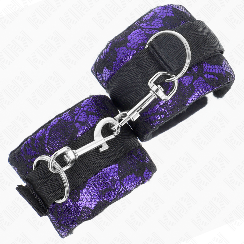 KINK - SHORT VELVET LACE WRIST RESTRAINTS AND NYLON BIND PURPLE / BLACK 23 X 6.5 CM - NOCTURNA DESIRES
