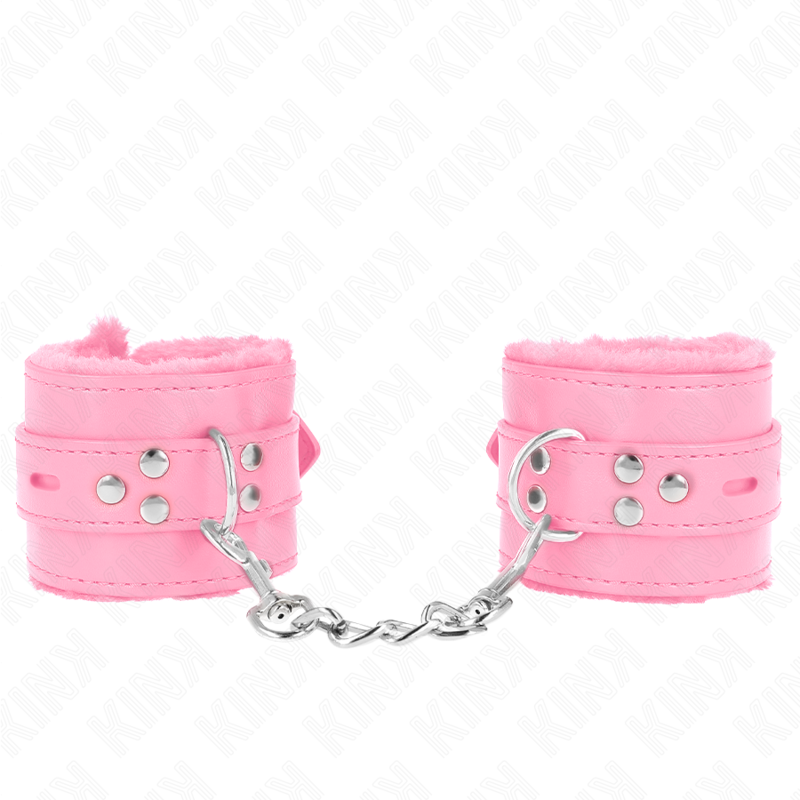 KINK - FUR LINED WRIST RESTRAINTS WITH SQUARE HOLES PINK AND PINK BELT ADJUSTABLE 17-29 CM X 6 CM - NOCTURNA DESIRES