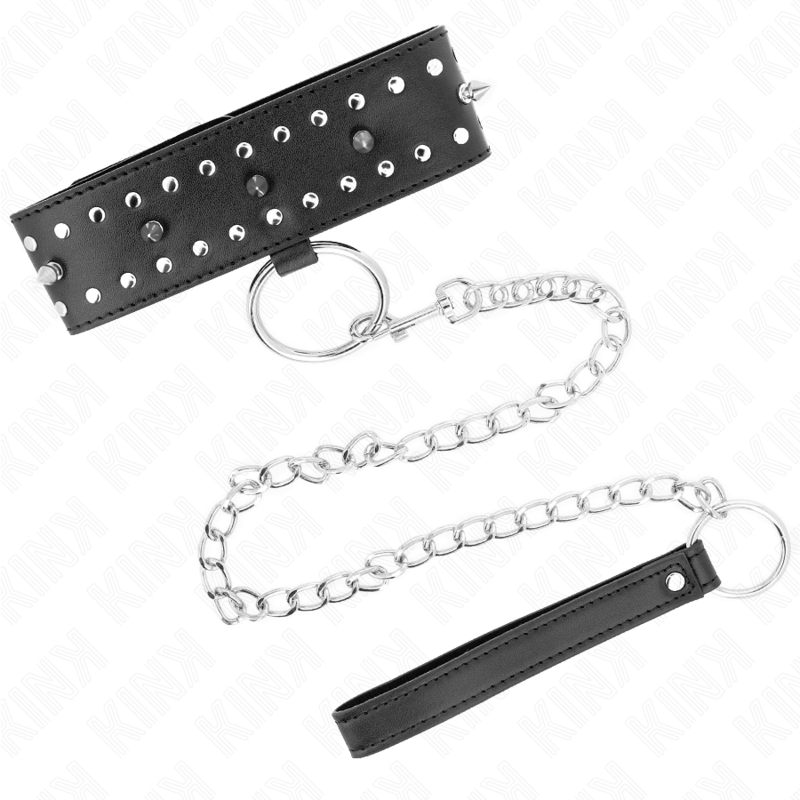 KINK - NECKLACE WITH LEASH 65 CM WITH SILVER STUDS MODEL 1 ADJUSTABLE 36-43 CM X 5 CM - NOCTURNA DESIRES