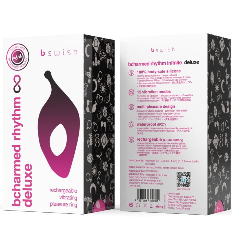 B SWISH - BCHARMED RHYTHM INFINITE DELUXE PENIS RING 15 VIBRATIONS BLACK - NOCTURNA DESIRES