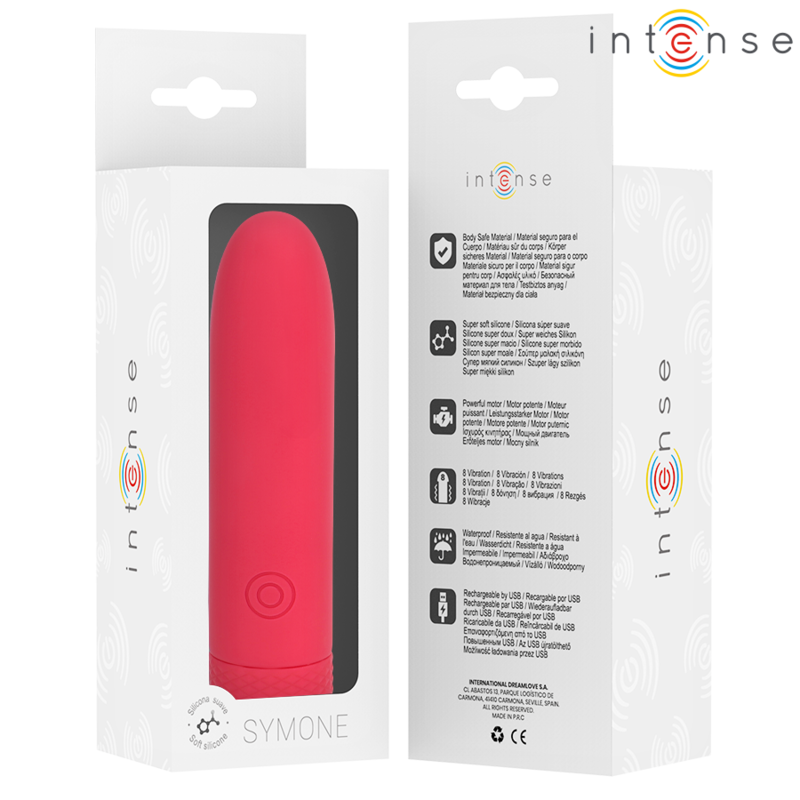 INTENSE - SYMONE USB RECHARGEABLE VIBRATING BULLET 8 VIBRATIONS RED 10 X 2.2 CM - NOCTURNA DESIRES
