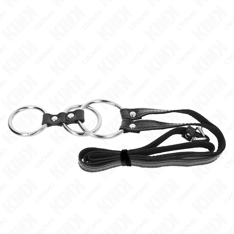 KINK - TRIPLE METAL PENIS RING 3.8 CM TO 5 CM WITH LEATHER BELT 112 CM - NOCTURNA DESIRES