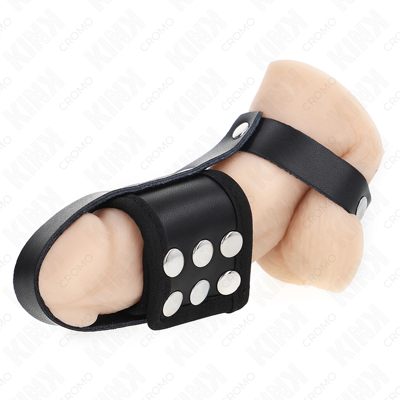 KINK - LEATHER PENIS CAGE RING WITH ADJUSTABLE COATED BALL DIVIDER STRAP - NOCTURNA DESIRES