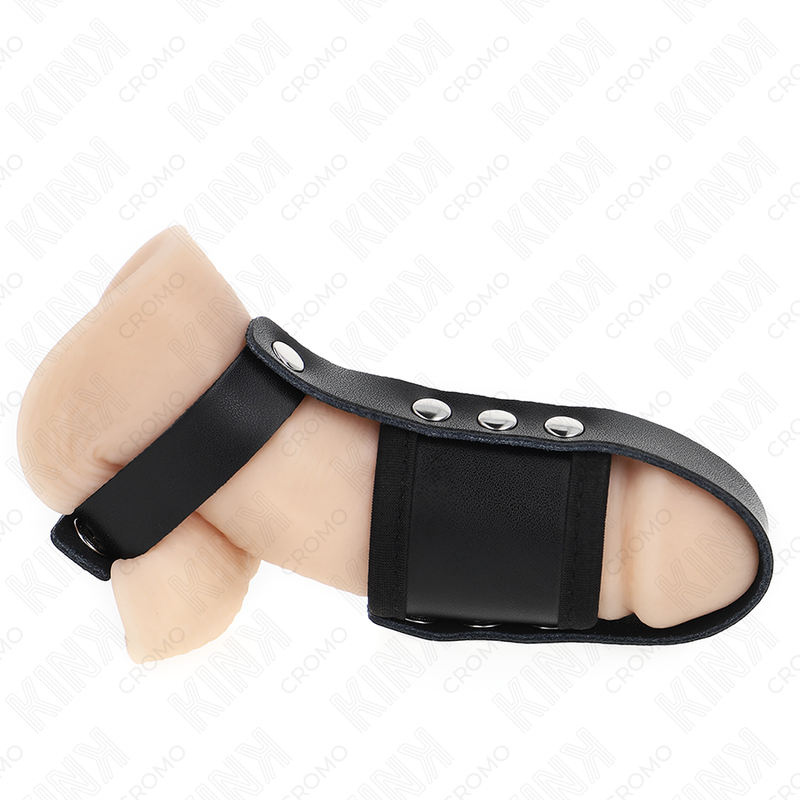 KINK - LEATHER PENIS CAGE RING WITH ADJUSTABLE COATED BALL DIVIDER STRAP - NOCTURNA DESIRES