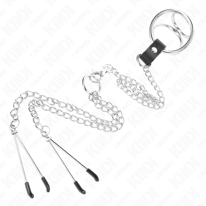 KINK - TRIPLE CHROME METAL PENIS RING 3 CM TO 4.5 CM WITH 26 CM METAL CHAIN AND NIPPLE CLIPS - NOCTURNA DESIRES
