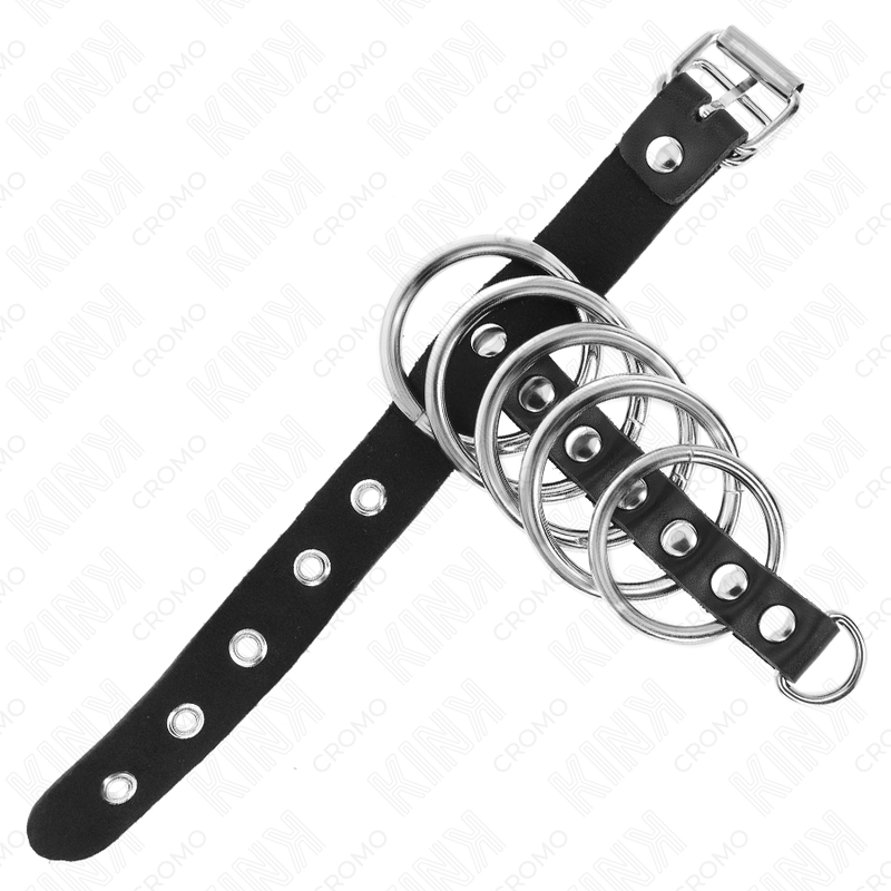 KINK - LEATHER PENIS RING WITH LOCK STRAP 21 X 2 CM AND 5 METAL RINGS FROM 3 CM TO 4 CM - NOCTURNA DESIRES