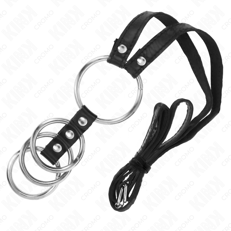 KINK - 4 CONNECTED METAL PENIS RINGS 3.8 CM TO 5 CM WITH LEATHER BELT 112 CM - NOCTURNA DESIRES
