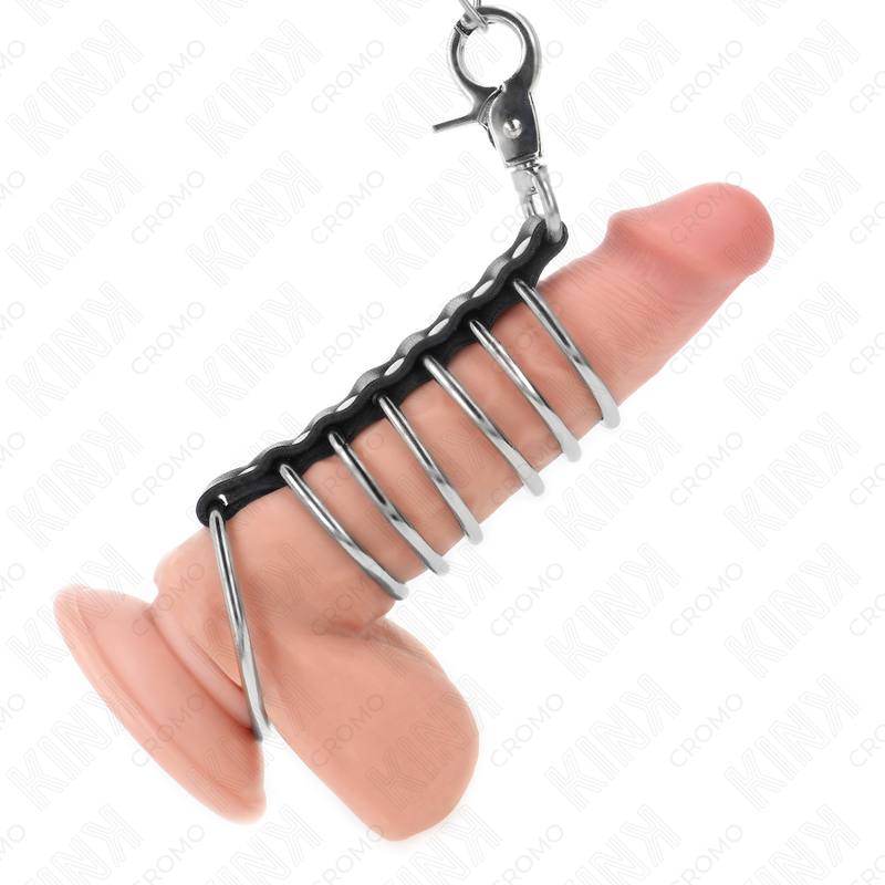 KINK - 7 METAL PENIS RINGS 3.8 CM TO 5 CM CONNECTED WITH LEATHER AND METAL CHAIN 100 CM - NOCTURNA DESIRES