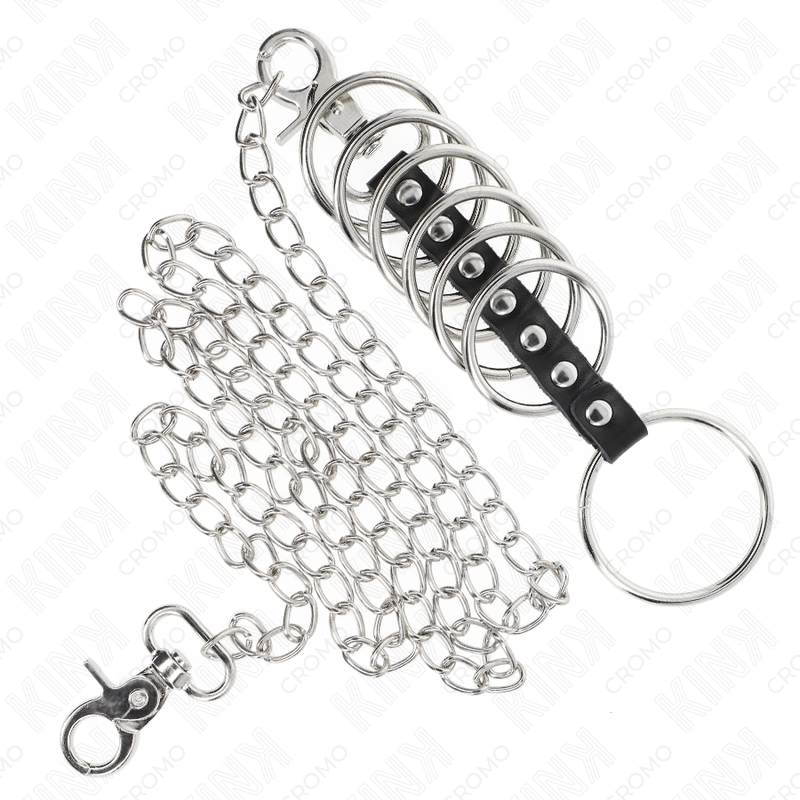 KINK - 7 METAL PENIS RINGS 3.8 CM TO 5 CM CONNECTED WITH LEATHER AND METAL CHAIN 100 CM - NOCTURNA DESIRES