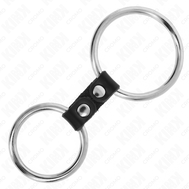 KINK - DOUBLE METAL PENIS RING 3.7 CM TO 5 CM CONNECTED BY LEATHER STRAP MODEL 2 - NOCTURNA DESIRES