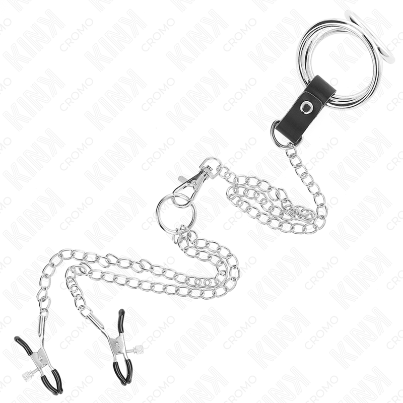 KINK - TRIPLE CHROME METAL PENIS RING 3 CM TO 4.5 CM WITH 26 CM METAL CHAIN AND NIPPLE CLIPS - NOCTURNA DESIRES