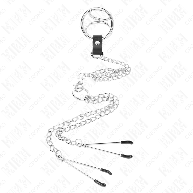 KINK - TRIPLE CHROME METAL PENIS RING 3.8 CM TO 5 CM WITH 26 CM METAL CHAIN AND NIPPLE CLAMPS MODEL 2 - NOCTURNA DESIRES