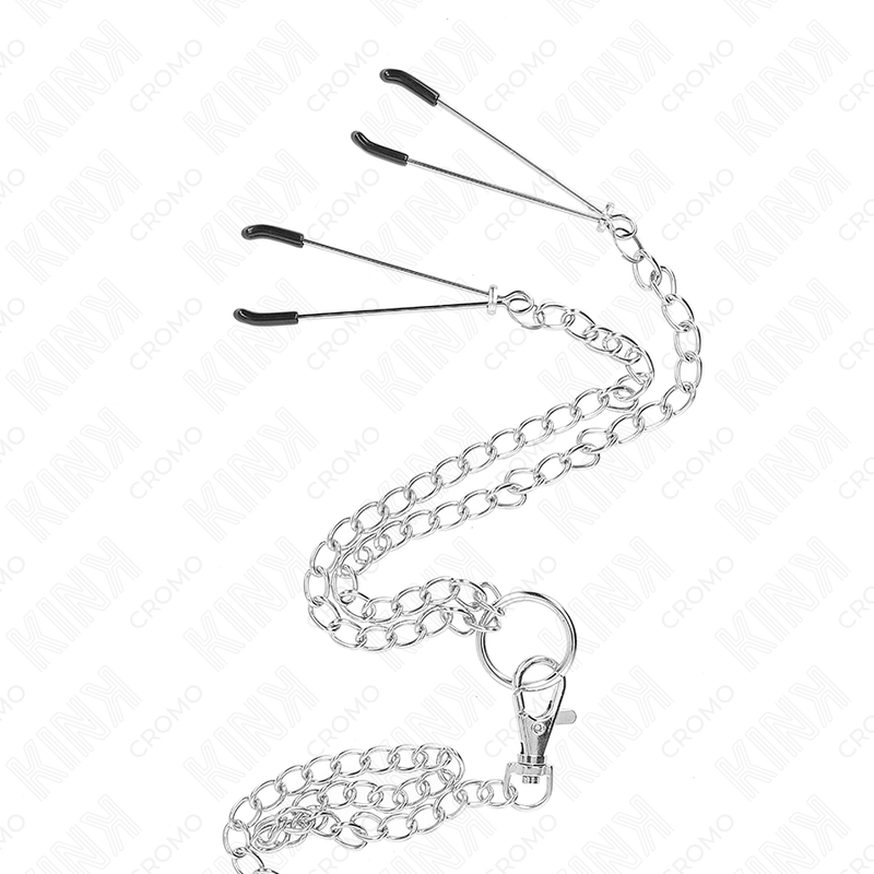 KINK - TRIPLE CHROME METAL PENIS RING 3.8 CM TO 5 CM WITH 26 CM METAL CHAIN AND NIPPLE CLAMPS MODEL 2 - NOCTURNA DESIRES