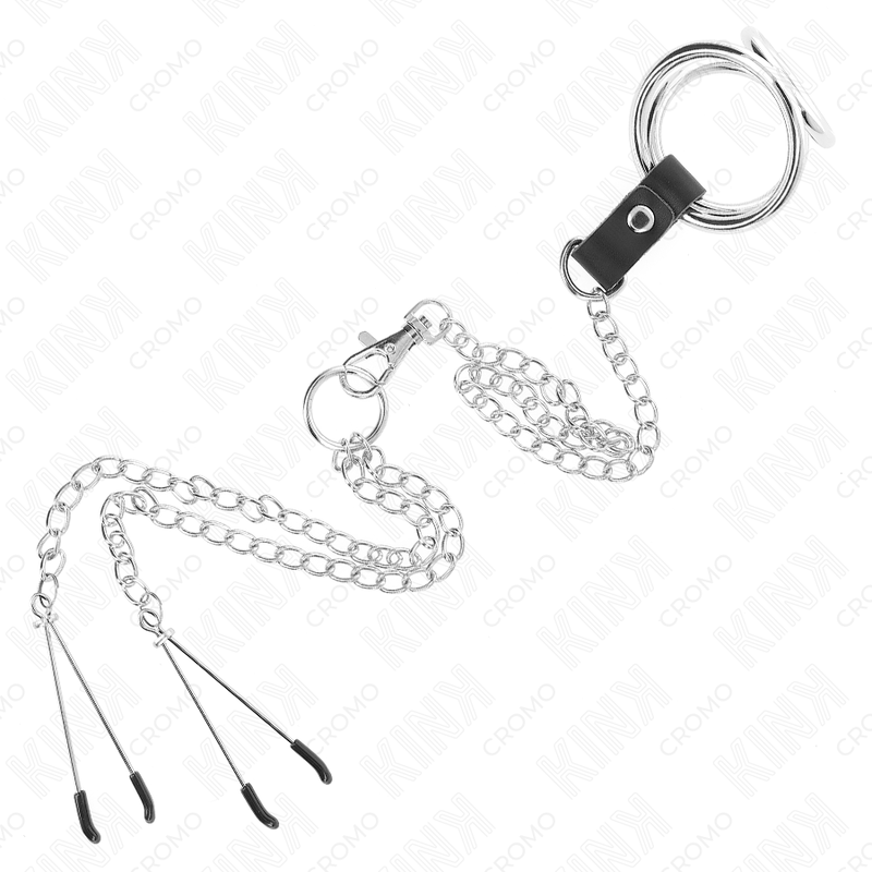 KINK - TRIPLE CHROME METAL PENIS RING 3.8 CM TO 5 CM WITH 26 CM METAL CHAIN AND NIPPLE CLAMPS MODEL 2 - NOCTURNA DESIRES