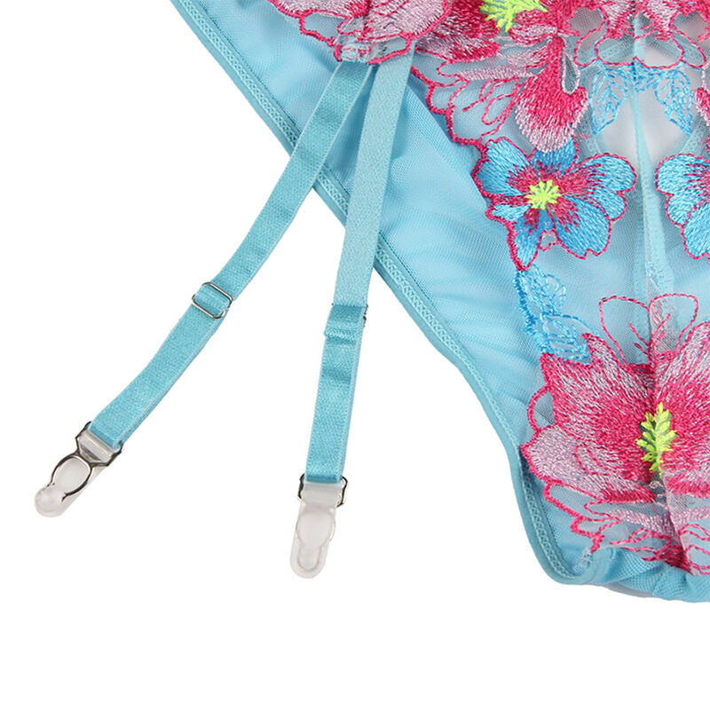 SUBBLIME - 954116 BRA + PANTIES WITH GARTER BELT FLORAL DESIGN BLUE L/XL - NOCTURNA DESIRES