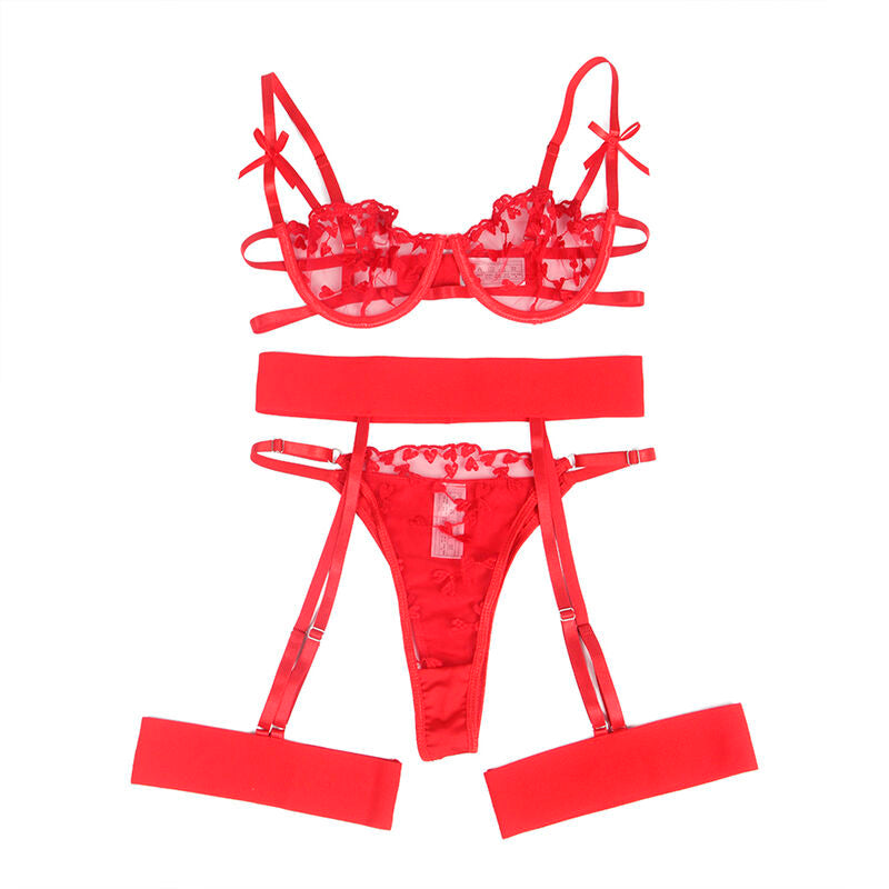 SUBBLIME - 954321 HEART PRINT BRA + THONG + GARTER BELT RED S/M - NOCTURNA DESIRES