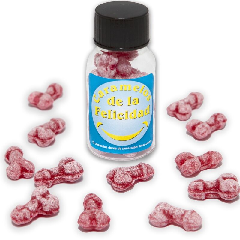 DIABLO PICANTE - JAR OF 12 STRAWBERRY/CHERRY HAPPY PENIS-SHAPED CANDIES - NOCTURNA DESIRES