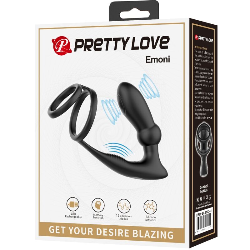 PRETTY LOVE - EMONI PENIS RING + ANAL PLUG 12 VIBRATIONS BLACK - NOCTURNA DESIRES
