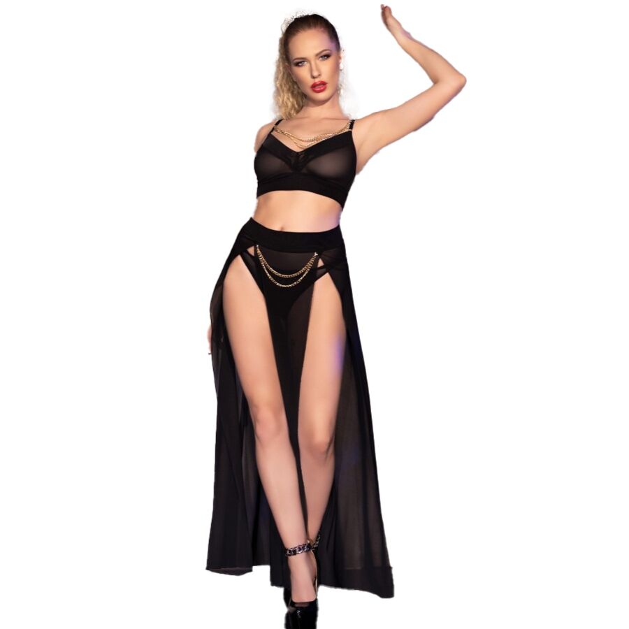 CHILIROSE - CR 4672 BLACK TOP SKIRT AND THONG WITH GOLDEN CHAINS L - NOCTURNA DESIRES