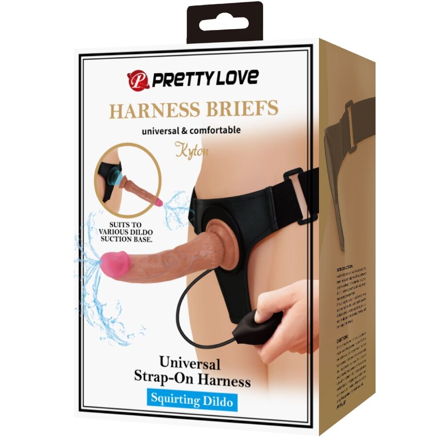 PRETTY LOVE - KYTON UNIVERSAL HARNESS BRIEFS WITH SQUIRTING DILDO 19 CM MULATO - NOCTURNA DESIRES