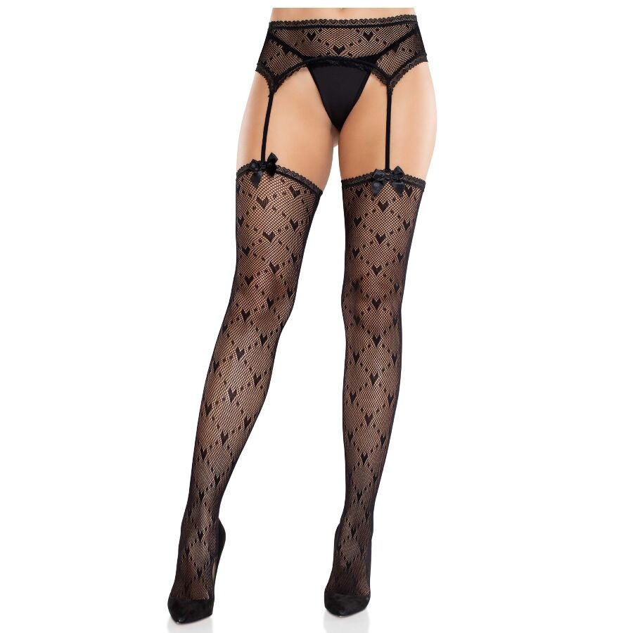LEG AVENUE - HEART STOCKINGS WITH GARTERS BLACK - NOCTURNA DESIRES