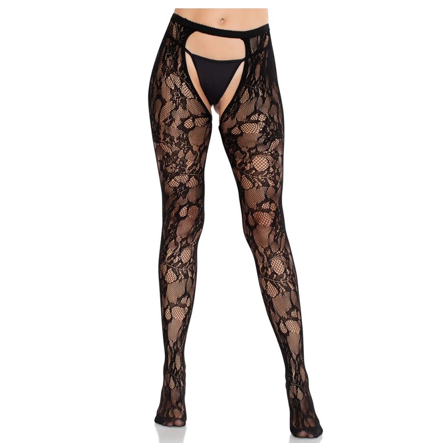 LEG AVENUE - ROSE LACE STOCKINGS WITH OPEN BACK BLACK - NOCTURNA DESIRES